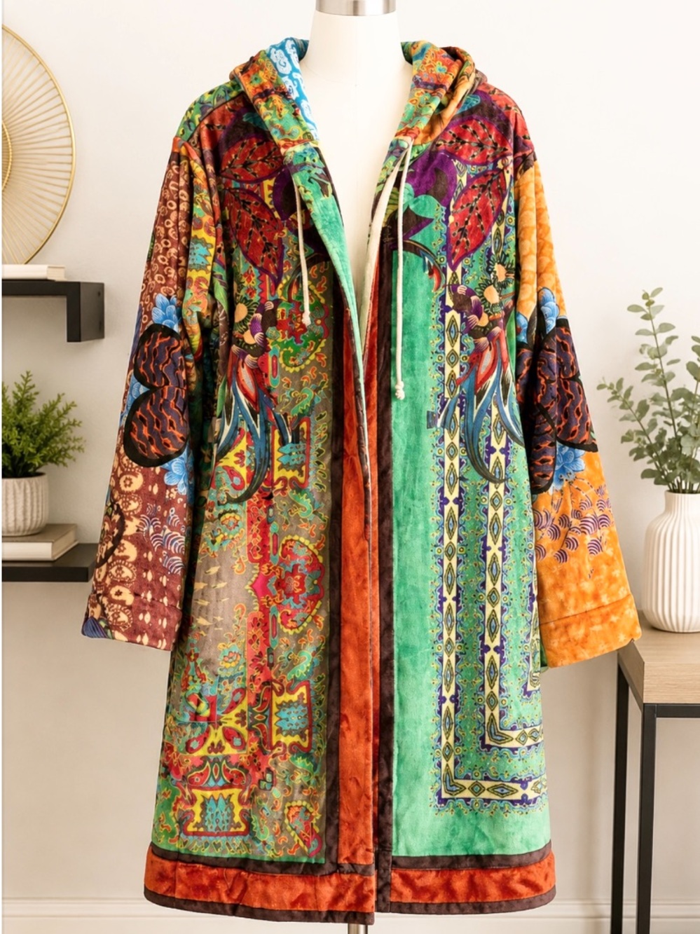 Johnny Was Biya Colorful Patchwork Tapestry Hooded Coat Size L